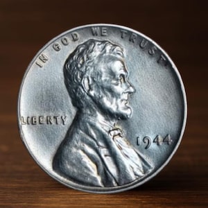 Puede incluir: Primer plano de un centavo Lincoln plateado de 1944. La moneda presenta un perfil de Abraham Lincoln, la palabra "LIBERTY" y la frase "IN GOD WE TRUST". También es visible el año "1944".
