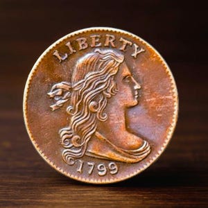 May include: A copper-colored coin with the word "LIBERTY" at the top and the year "1799" at the bottom. The coin features a profile of a woman with flowing hair. The coin is round with a textured edge.