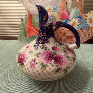 Vintage Unmarked Nippon Ewer Pitcher Floral Cobalt/Pink Floral Motif, 6”