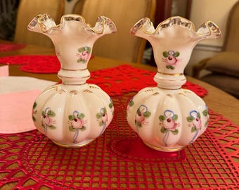Pair of Fenton Art Glass Charleton Melon Ruffled Vases Hand Painted, Pink Roses