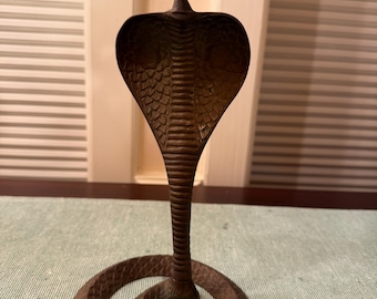 Vintage Brass Metal Cobra Snake Coiled Etched Candlestick Holder, 9.5”