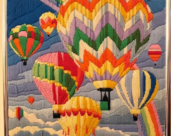 Vintage Hot Air Balloons Rainbow Crewel Needlepoint 16.5”x20.5”, Pop Art, Framed