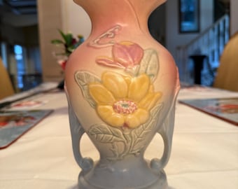Vintage Hull Pottery Magnolia Vase w/Handles 8.5" Pink/Blue Floral, 1940s, MCM