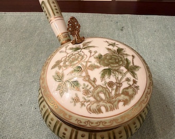 Vintage Silent Butler Crumb Catcher, Chinoiserie, Green, Gold, Floral, w/Handle