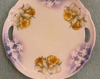 Unger and Schilde Handled Cake Plate, Yellow Daffodils, Purple, Germany, 9.25"