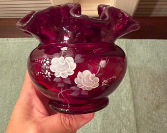 Vintage Fenton Ruby Red Rose Bowl Ruffled by L Everson 3.75"tall 4.75"wide