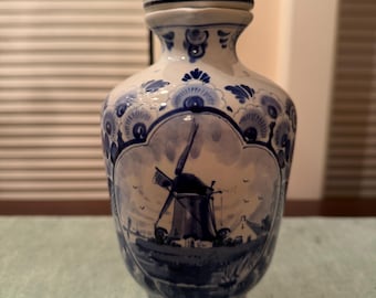 Herman Jansen Blue Delft Decanter Windmill Motif Hand Painted, Netherlands 9.25"