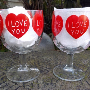I LOVE YOU 1970s Vintage Goblet Champagne Stemmed Drinking Glasses Set Excellent Condition Wine Beer Big Heart Happy Birthday Wedding Toast