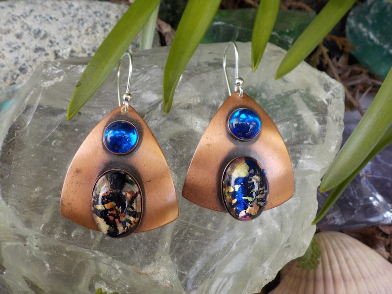 Janedis Big Fascinating Earrings s revamped with new 925 wires 1980/'s Super Fab Copper and Dichroic Art Glass Signed Vintage Dama P