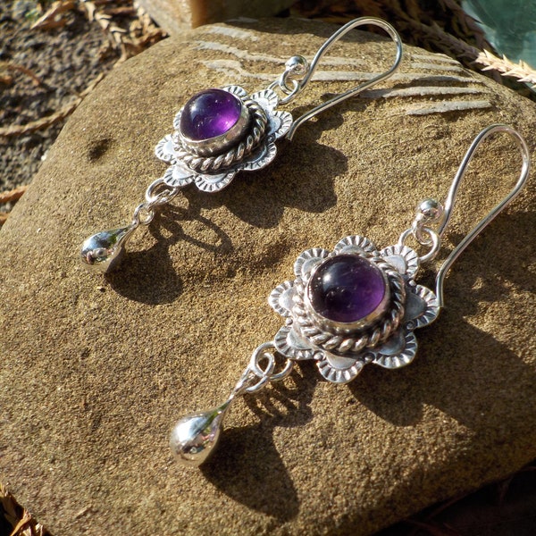 Gorgeous Vintage Nakai Native American Navajo Purple Amethyst and Sterling Flower and Teardrop Raindrop Earrings Revamped with New 925 Wires