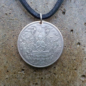 36 Arm Goddess God or Buddha Pendant w Leather Cord Coin Token w 18 Arms on Each Side Big Vintage Asian Drilled Coin Pendant Necklace #1