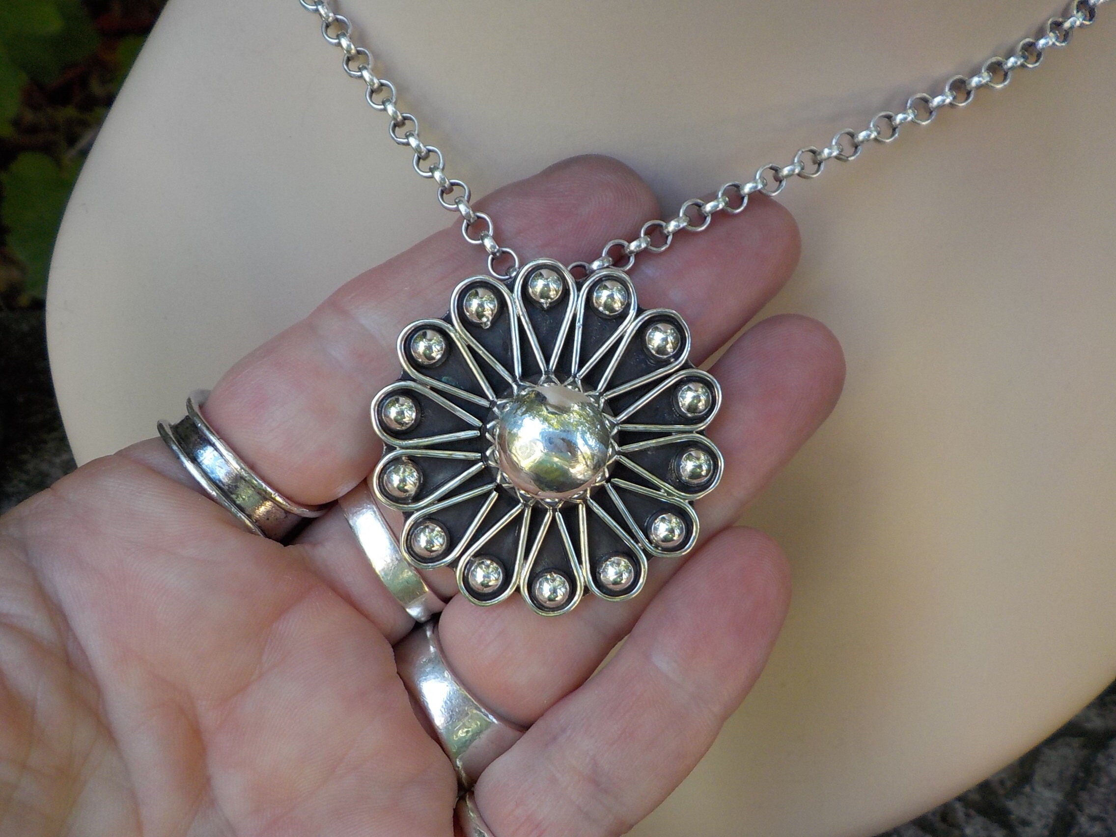 Large Vintage Taxco Sunflower Sterling Concho Pendant / Pin