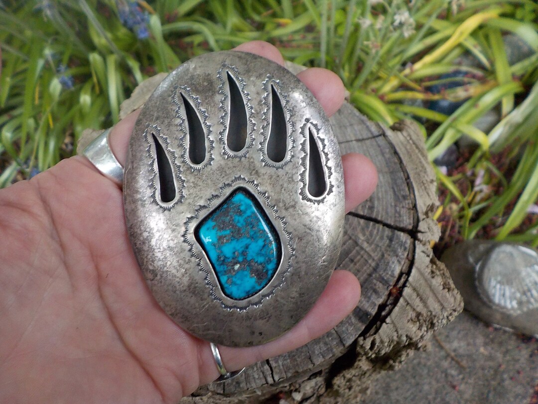 Huge 'Power Of Paw' Vintage Navajo Turquoise Native American Jewelry Silver Buckle Huge 'Power Of Paw' Vintage Navajo Turquoise Native American Jewelry Silver Buckle