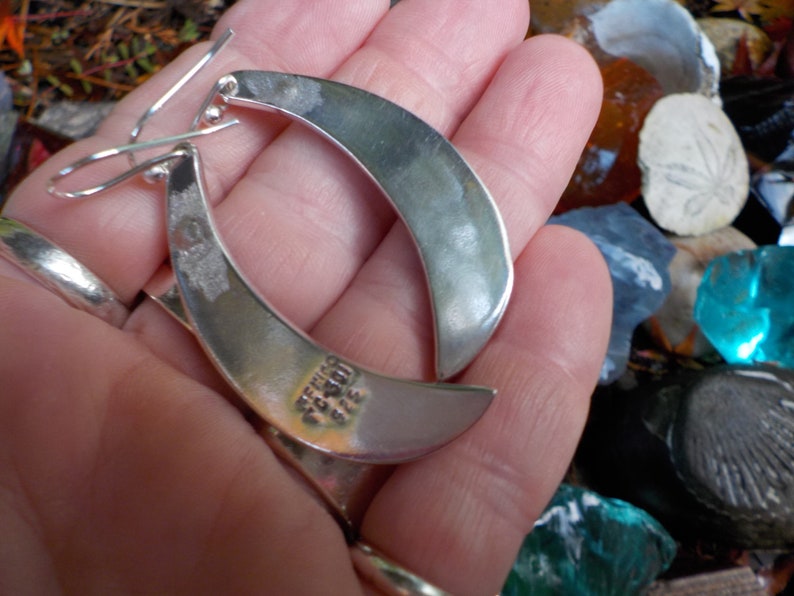 Big ol/' Sterling Taxco Mexico Hallmarked Thick Solid Sturdy Crescent Moon Native American Overlay Earrings Revamped w New 925 Wires
