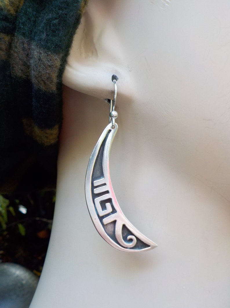 Big ol/' Sterling Taxco Mexico Hallmarked Thick Solid Sturdy Crescent Moon Native American Overlay Earrings Revamped w New 925 Wires