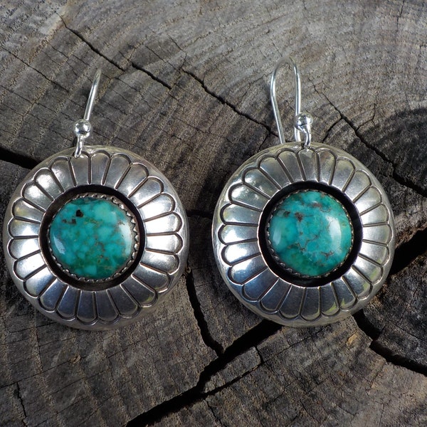 Gorgeous Vintage Tommy Jackson Earrings Blue Green Turquoise and Sterling Handmade Hand Stamped Round Earrings Signed Tommy 925