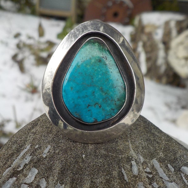 Size 7.5 Vintage Native American Navajo Raymond Armstrong Signed RA Sterling Turquoise Shadowbox Ring Gorgeous Blue Green Teardrop Raindrop