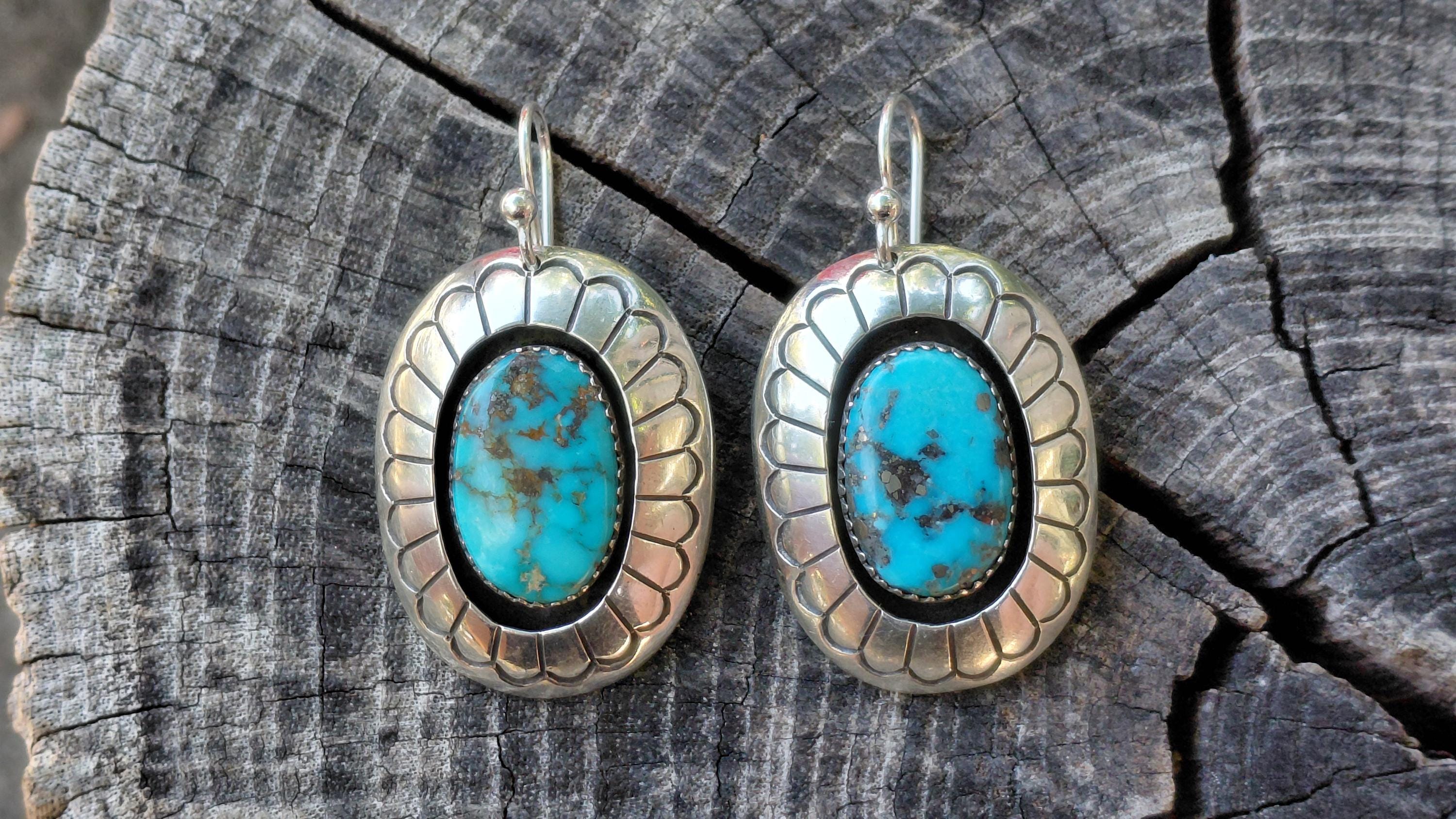 Navajo Tommy Jackson Turquoise Sterling Earrings Oval Blue Green