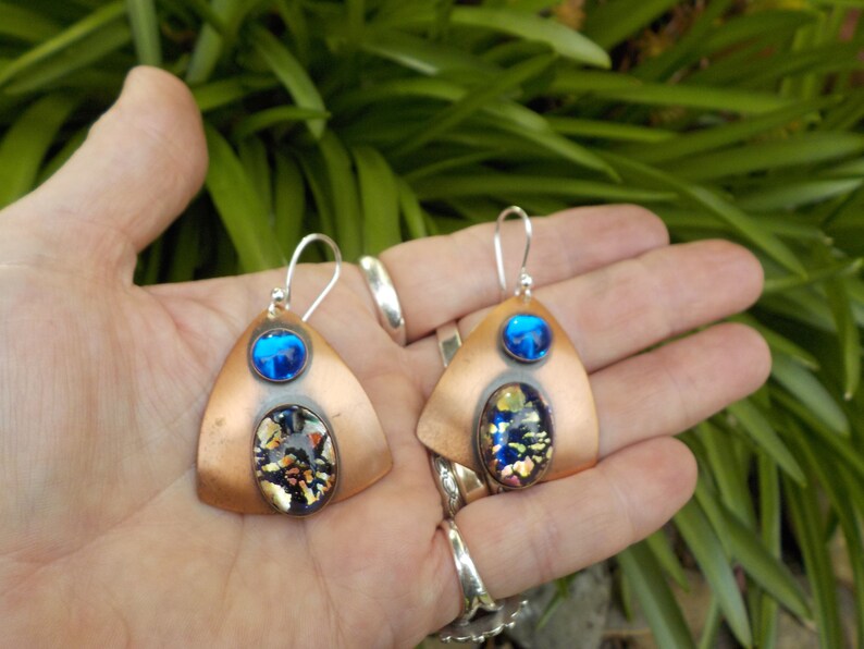 Janedis Big Fascinating Earrings s revamped with new 925 wires 1980/'s Super Fab Copper and Dichroic Art Glass Signed Vintage Dama P
