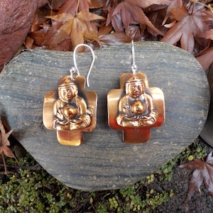 Vintage 1960&#39;s Big Belly Buddha Earrings Copper Raised Applied Figure Revamped with New 925 Wires