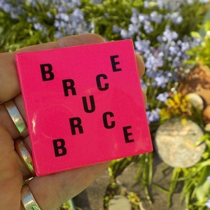 May include: A pink square with the word "BRUCE" spelled out in black letters. The letters are arranged in a diagonal pattern, with the first letter of the word at the top left corner and the last letter at the bottom right corner.