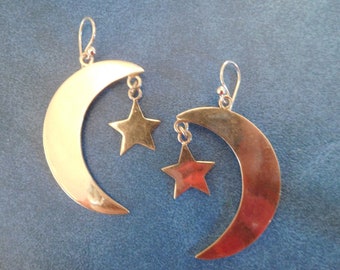 Midnight at the Oasis....Over-sized Crescent Moon with Dangle Star Earrings Marked Taxco Mexico .925 TN-44 3" long 20. grams Southwest Large