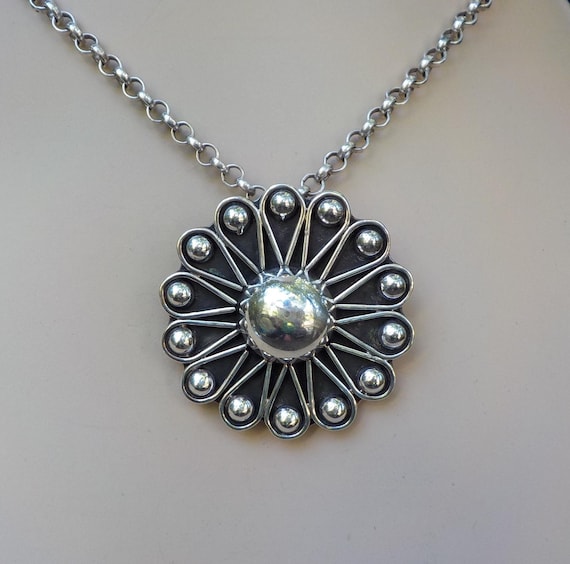 Large Vintage Taxco Sunflower Sterling Concho Pendant / Pin 