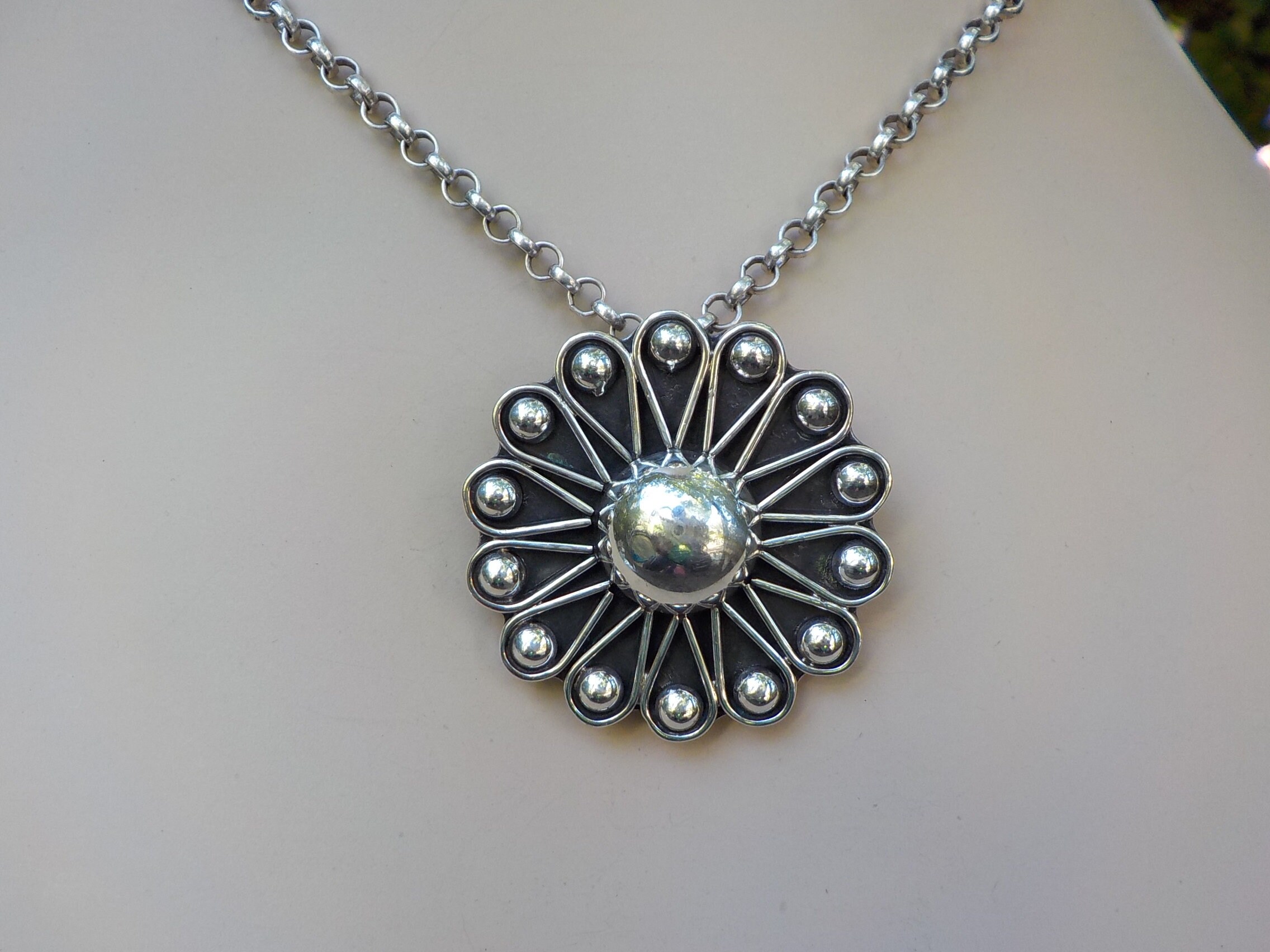 Large Vintage Taxco Sunflower Sterling Concho Pendant / Pin
