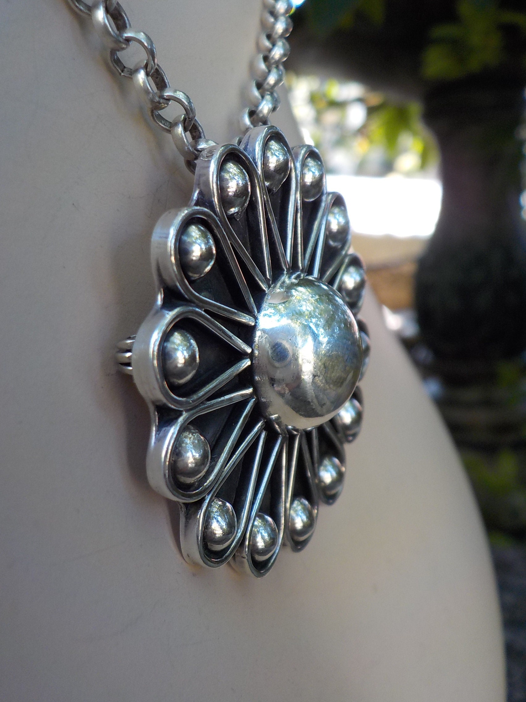 Large Vintage Taxco Sunflower Sterling Concho Pendant / Pin