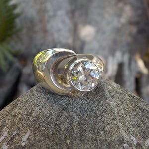 Size 6 Vintage Sterling Beautiful Clear CZ Sun and Crescent Moon Ring Moon Goddess Luna Celestial Ring Marked 925 Adjustable