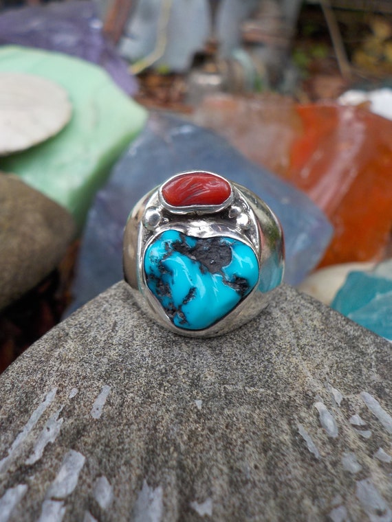 Gorgeous Ladybug Vintage Native American Navajo Turquoise Coral Sterling Silver Ring Gorgeous Ladybug Vintage Native American Navajo Turquoise Coral Sterling Silver Ring