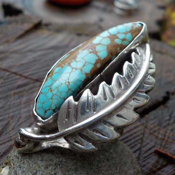 Size 7.25+ Large Vintage Native American Number 8 Blue and Brown Matrix Turquoise Feather Handmade Hand Stamped Dot Raindrop Ring