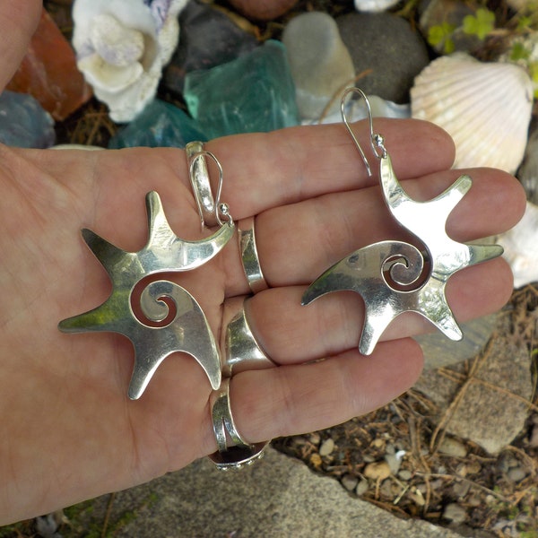 Vintage Sterling Ocean Wave Universal Swirl Starfish Starburst Sunshine Beach Happiness Large Excellent Earrings revamped with new 925 wires