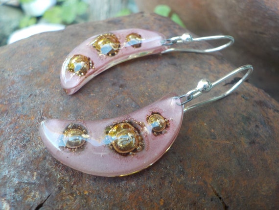 Small Pink and Sparkly Gold Dots Handmade Glass C… - image 3