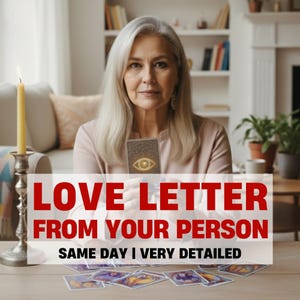 Puede incluir: Una mujer con cabello gris sostiene una carta de tarot con un símbolo de ojo. El texto "LOVE LETTER FROM YOUR PERSON" se muestra en rojo, con "SAME DAY I VERY DETAILED" debajo. Una vela encendida y otras cartas de tarot están sobre la mesa.