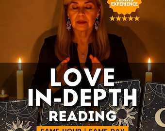 Puede incluir: Imagen de una mujer rubia con una blusa negra, con los ojos cerrados. El texto "LOVE IN-DEPTH READING" se muestra, junto con "SAME HOUR | SAME DAY". Una insignia dorada dice "11 YEARS EXPERIENCE".