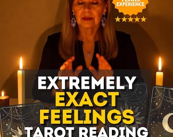 May include: An image of a woman with her hands raised, surrounded by lit candles and tarot cards. The text on the image reads "EXTREMELY EXACT FEELINGS TAROT READING SAME HOUR" and "11 YEARS EXPERIENCE".