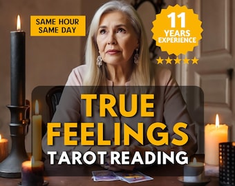 May include: An image of a woman with gray hair, seated at a table with lit candles. The text overlay reads "TRUE FEELINGS TAROT READING," with additional text indicating "SAME HOUR SAME DAY" and "11 YEARS EXPERIENCE."