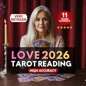 May include: An image of a woman holding tarot cards, with text that reads "LOVE 2026 TAROT READING HIGH ACCURACY." The image also includes the text "VERY DETAILED" and "11 YEARS EXPERIENCE."