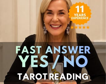 Puede incluir: Una mujer rubia sonriente sostiene una carta del tarot. La imagen incluye el texto "FAST ANSWER YES/NO TAROT READING" y una insignia que dice "11 YEARS EXPERIENCE".