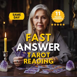 May include: An image of a woman with gray hair holding tarot cards. The text on the image reads "FAST ANSWER TAROT READING" and "SAME DAY". There is a lit candle and two amethyst crystals on the table. The image also says "11 YEARS EXPERIENCE".