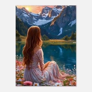 May include: A picturesque print shows a person with long auburn hair seated by a serene lake, looking at snow-covered mountains under a sunset sky. The person wears a light pink dress, surrounded by colourful wildflowers. The artwork evokes a sense of peace.