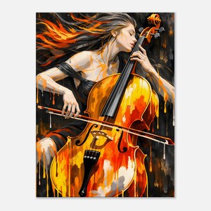 May include: An artistic painting of a person playing a cello. The cello is painted in shades of orange and yellow, with a black background. The person is wearing a black dress, and their hair is flowing with orange highlights.