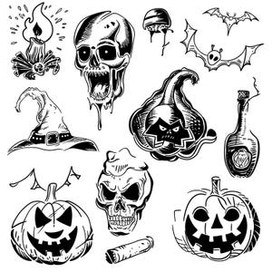 May include: Black and white Halloween-themed illustrations. The image features a candle, a skull with an open mouth, a witch's hat, a bat, a pumpkin with a face, a bottle, and other spooky elements.