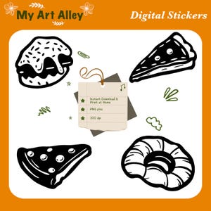 May include: Digital stickers featuring a burger, two pizza slices, and a donut, all in a black and white line art style. A small tag reads "Instant Download & Print at Home", "PNG files", and "300 dpi". The stickers are set against an orange background.