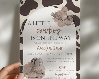 Little Cowboy Baby Shower Invite | Neutral Brown Watercolor Western Hat and Boots Theme Cow Print Canva Template