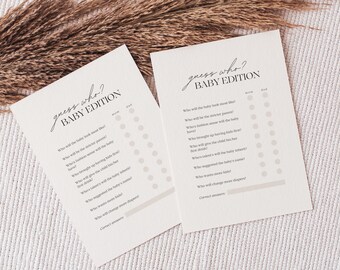 Neutral "Guess Who" Card | Minimalist Canva Template, Editable Gender Neutral Baby Shower Game, Printable Keepsake Activity