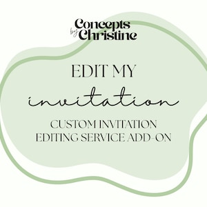 May include: An invitation editing service add-on graphic with the text "Edit My Invitation" in a stylish script font. The text is set against a light green, organic-shaped background, with the words "Custom Invitation Editing Service Add-On" below.