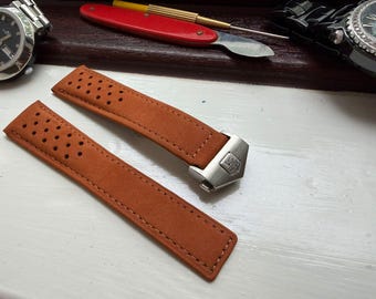 Tag Heuer Strap TAN Braun Uhrenarmband Leder mit Faltschließe 20/22 mm