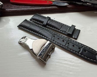 Tudor Strap Schwarz Leder Uhrenarmband Edelstahl Faltschließe 19/20/21/22 mm